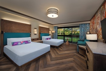 Resort View. Wheelchair accessible with tub and option for hearing accessibility. 2 queen beds, 1 da